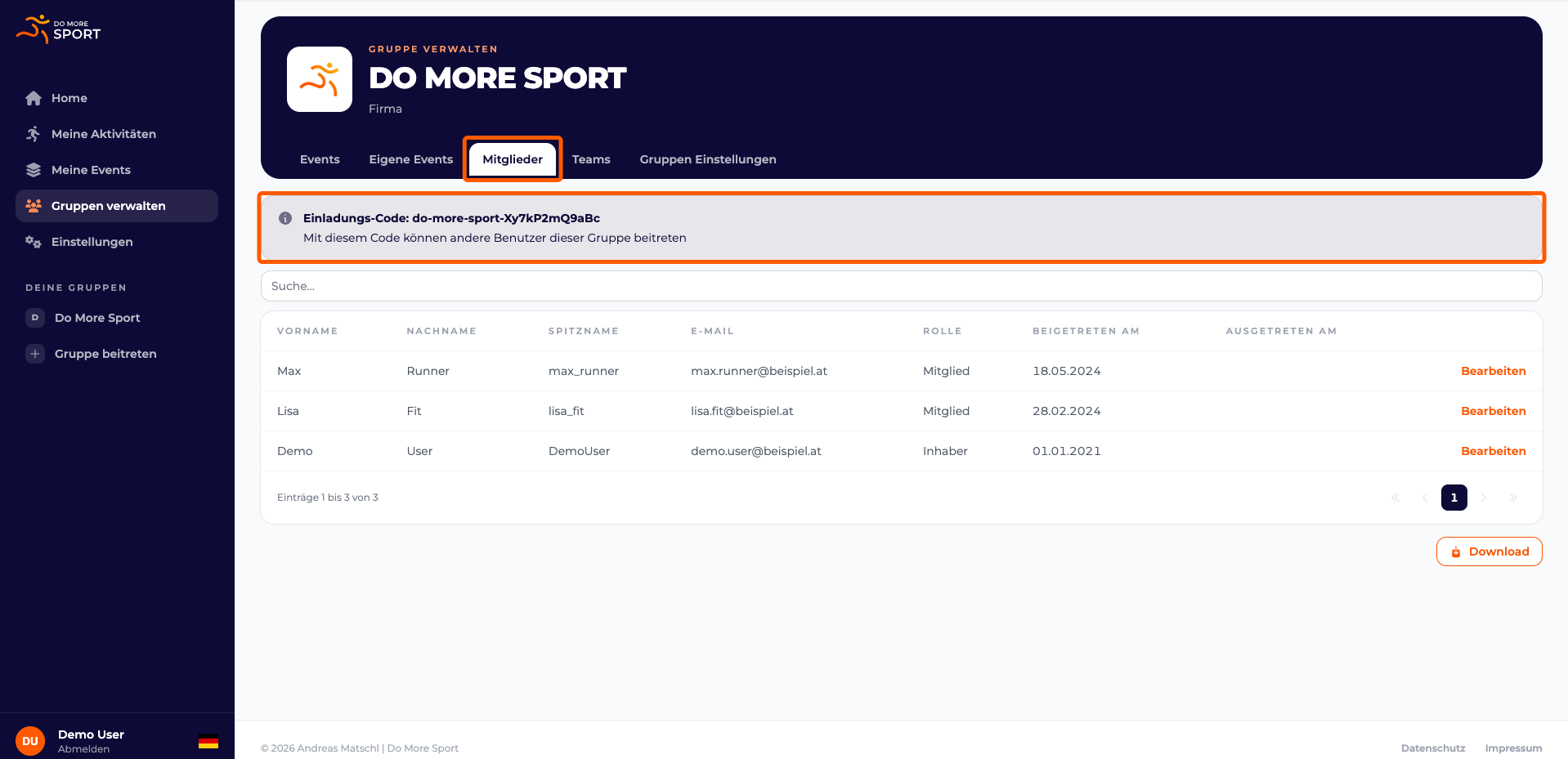 Screenshot mit Markierungen auf Mitglieder und dem Einladungs-Code