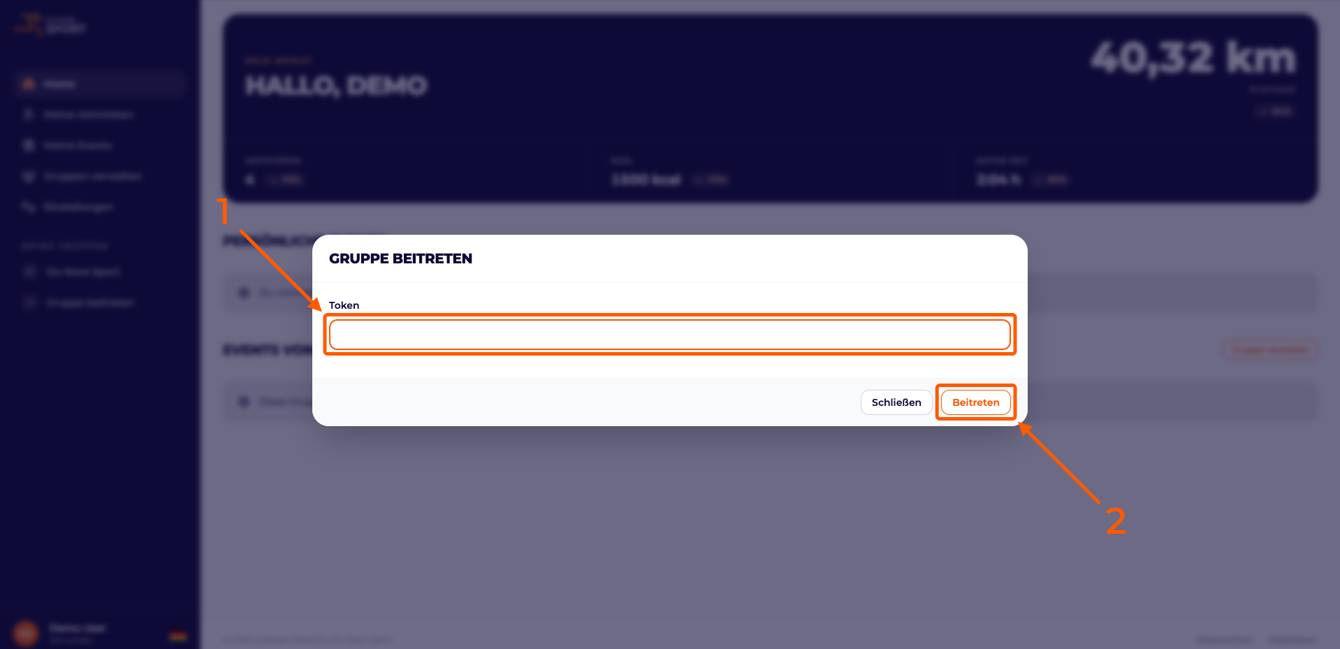 Screenshot mit Markierungen auf dem Eingabefeld für den Einladungs-Code und dem Beitreten Button