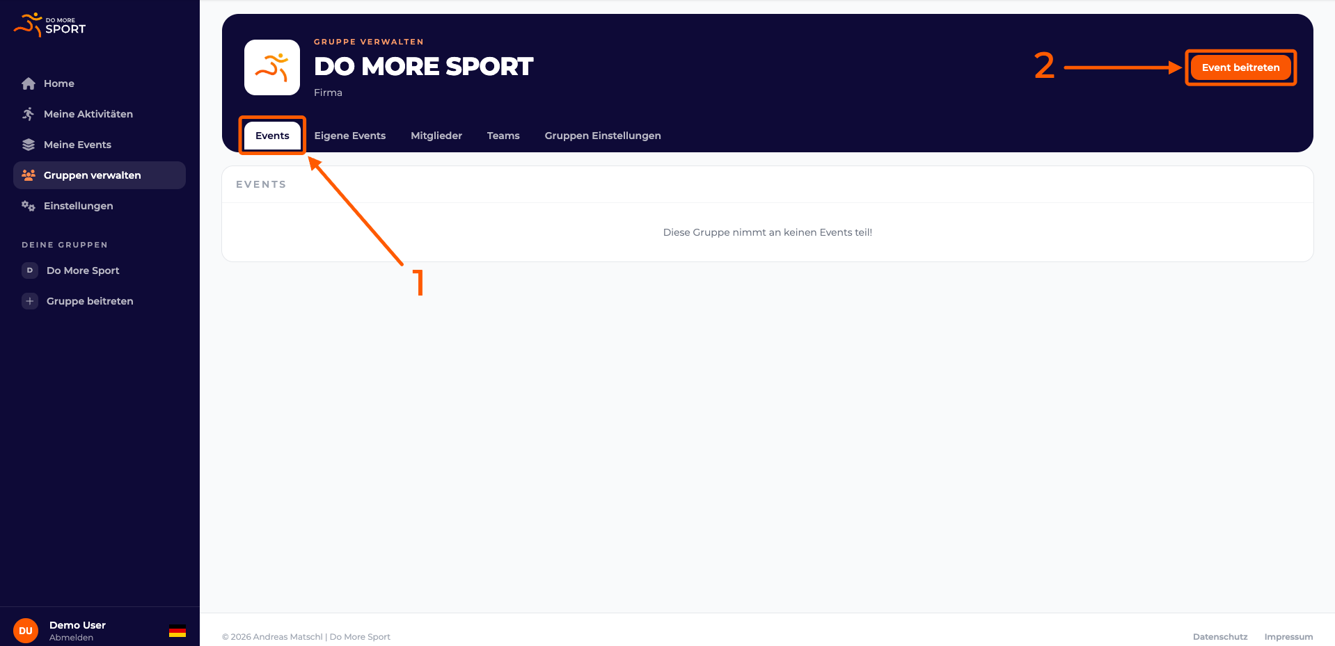 Screenshot mit Markierungen der Schritte zum beitreten eines privaten Events - Schritt 1