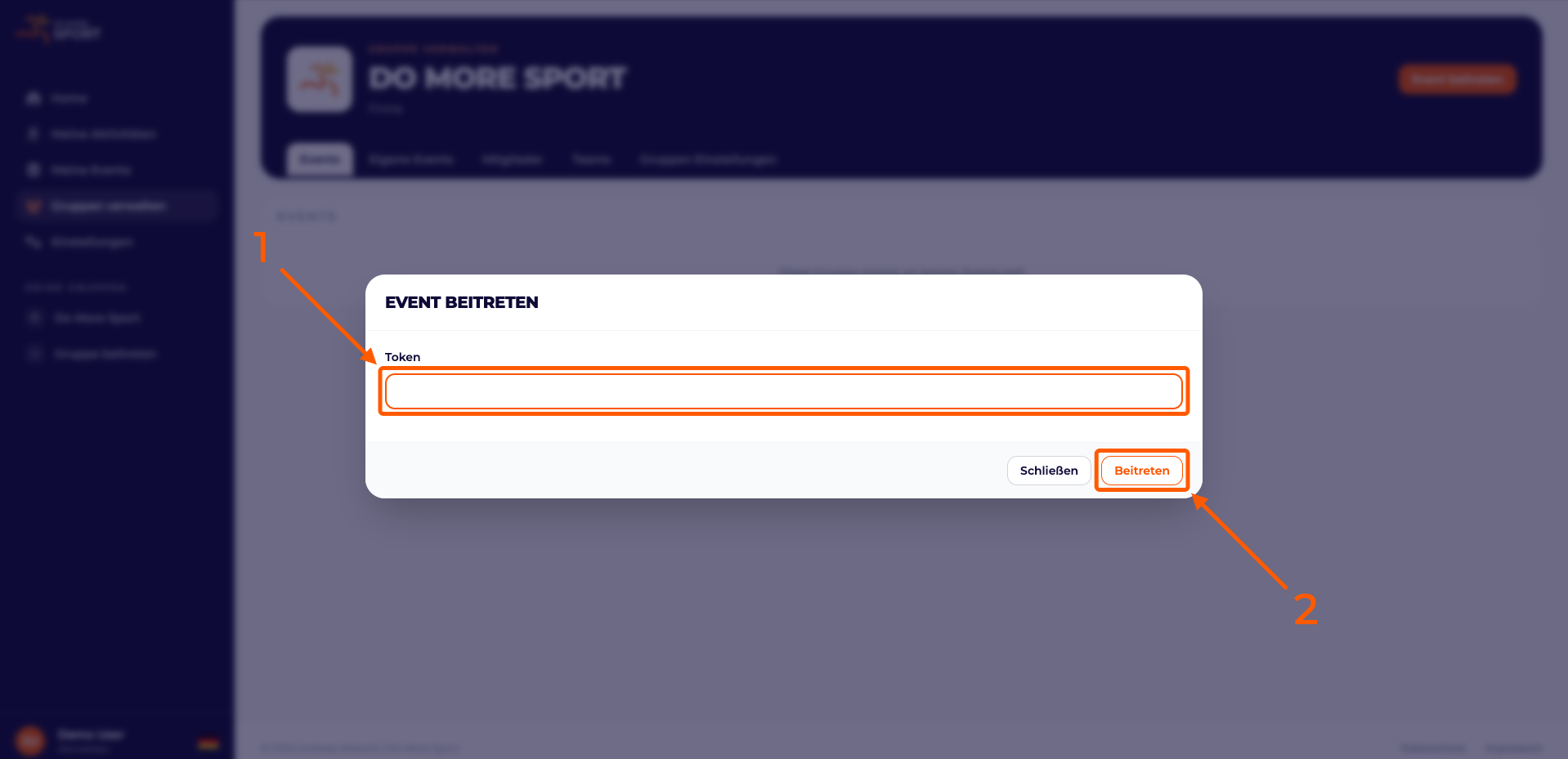Screenshot mit Markierungen der Schritte zum beitreten eines privaten Events - Schritt 2