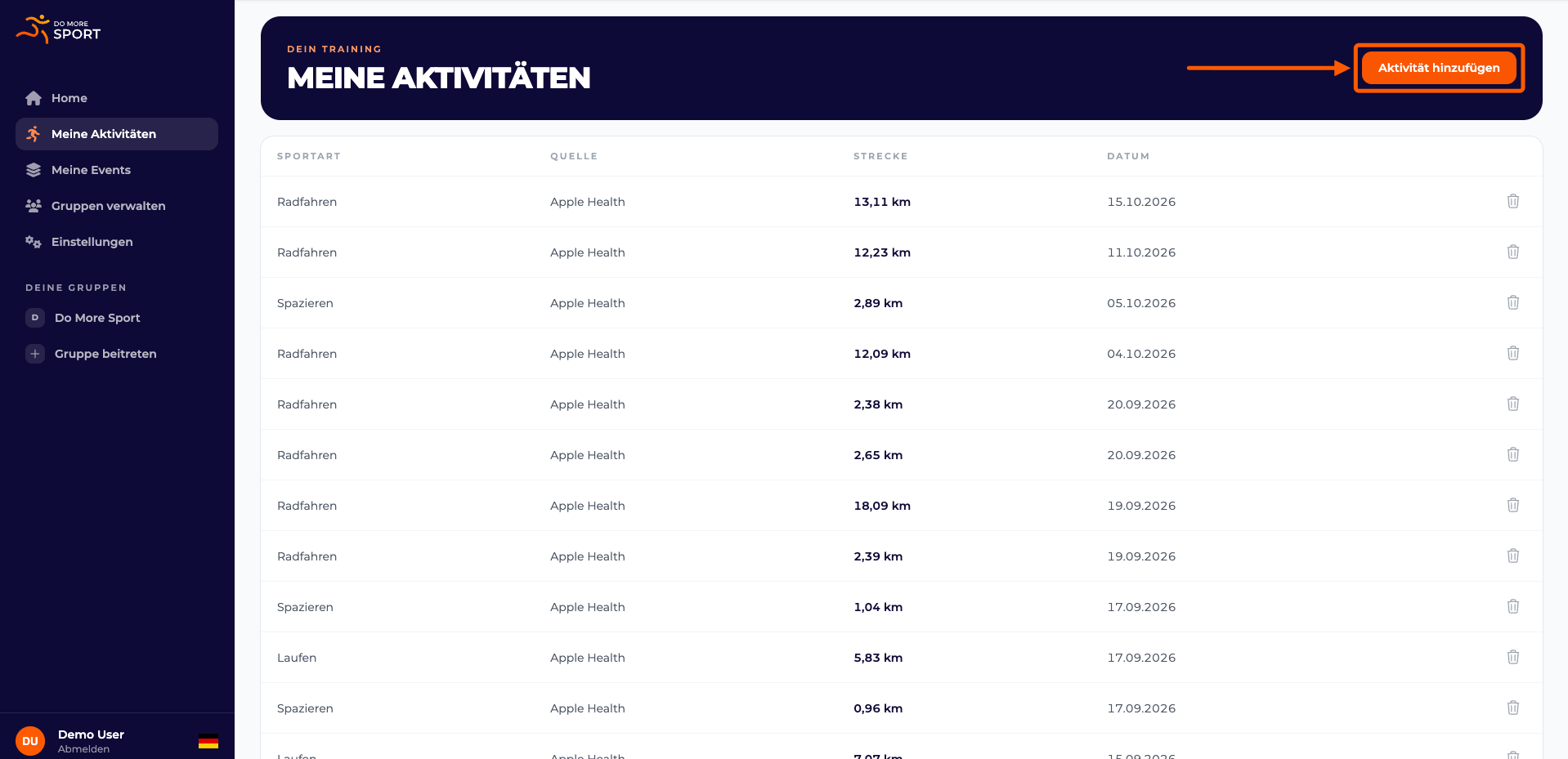 Screenshot mit Markierung auf dem Aktivität hinzufügen Button