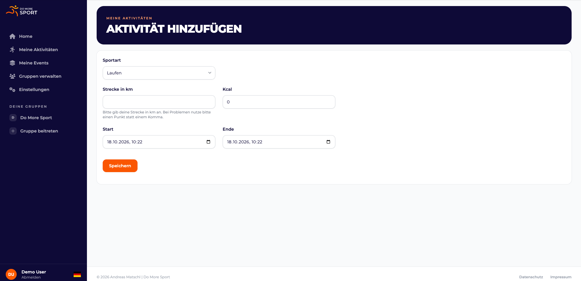 Screenshot mit dem Formular für manuelle Aktivitäten