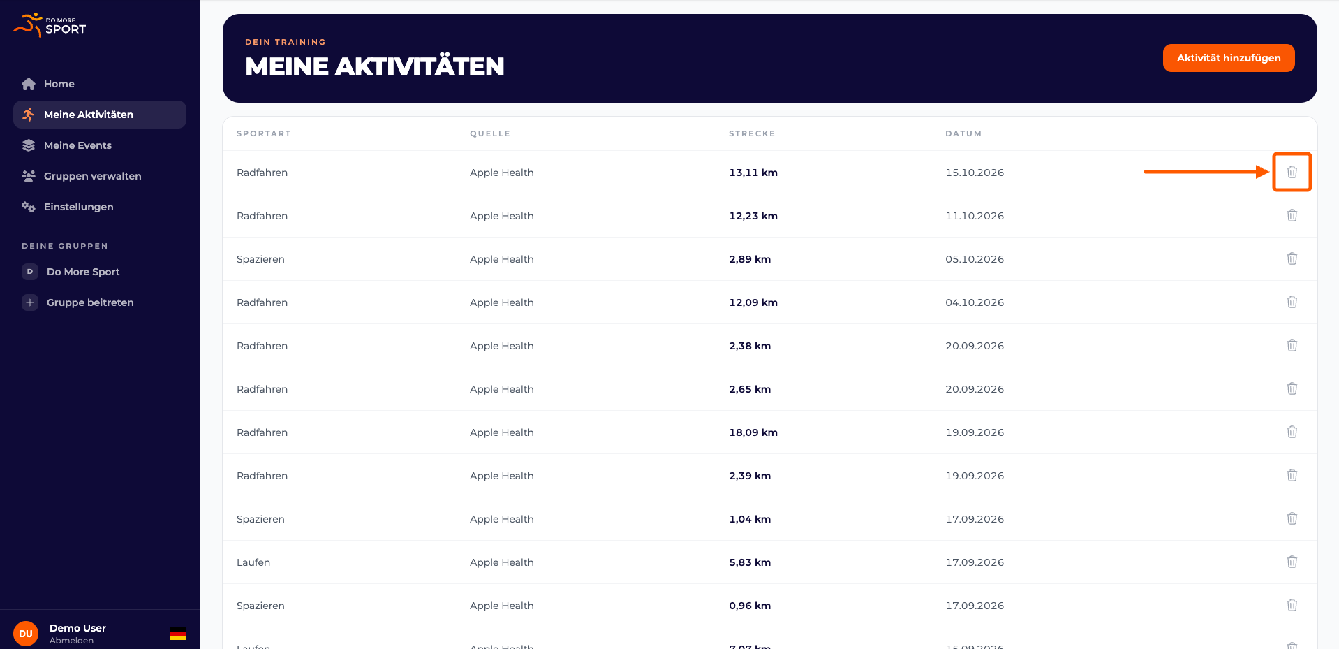 Screenshot mit Markierung auf dem Mülleimer