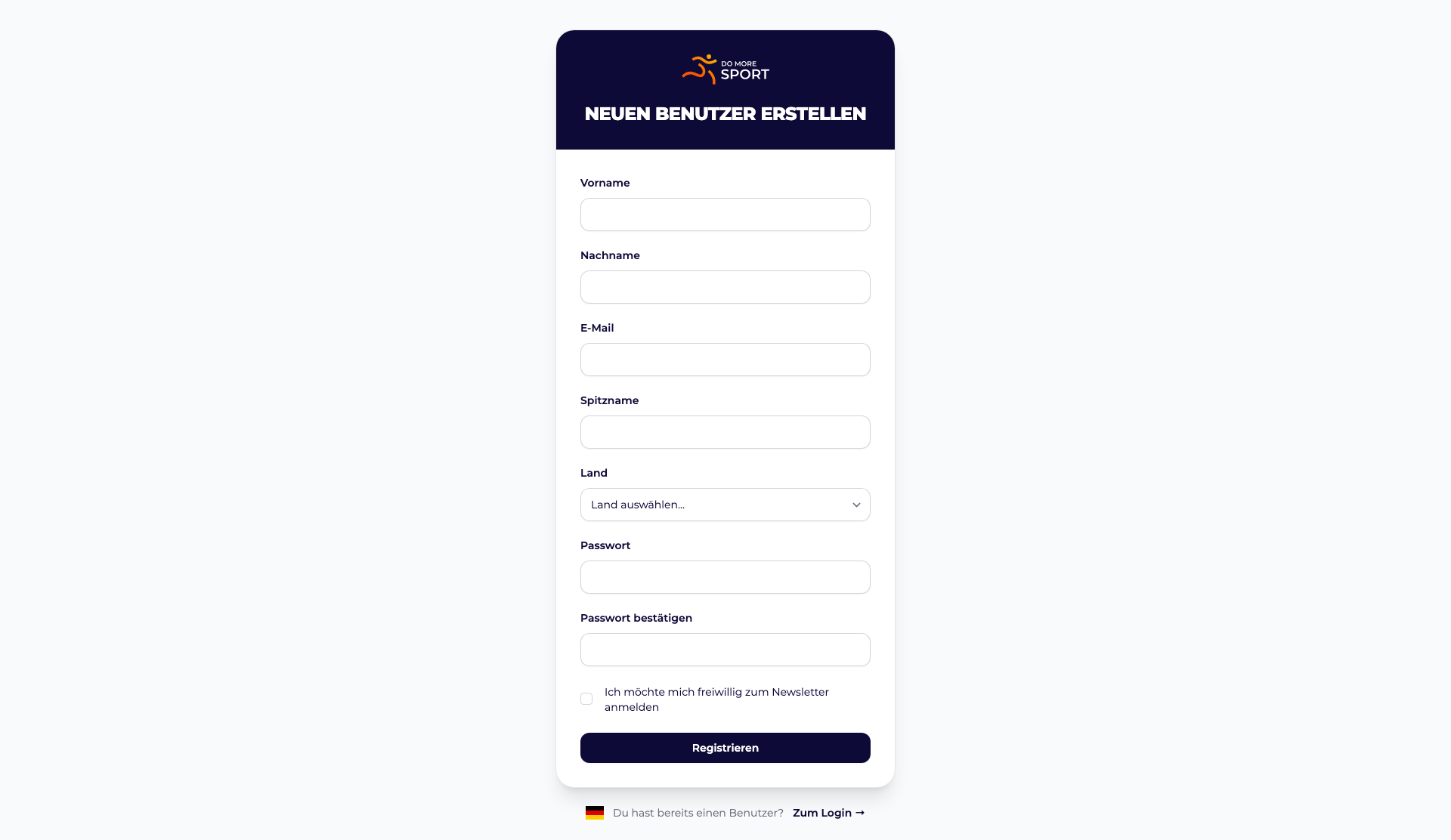 Screenshot des Registrierungsformulars